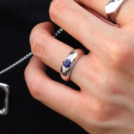 Blue Sapphire and Moissanite Silver Ring