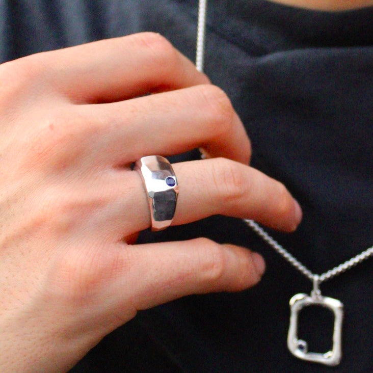 Silver Off-Centered Blue Sapphire Hammered Ring