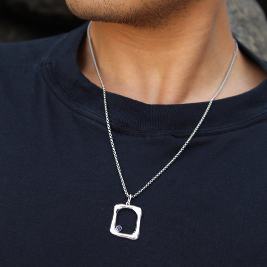 Blue Sapphire Asymmetrical Silver Wavy Pendant Necklace