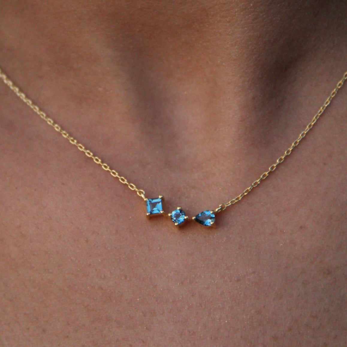 Square Round Pear London Blue Topaz Asymetrical Gold Necklace