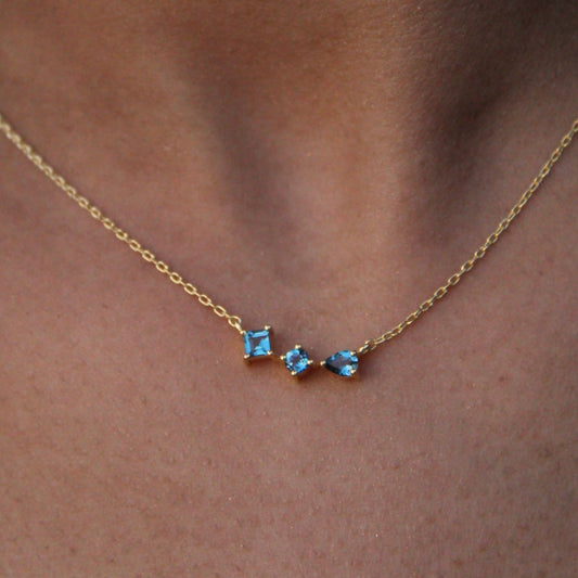 Square Round Pear London Blue Topaz Asymetrical Gold Necklace