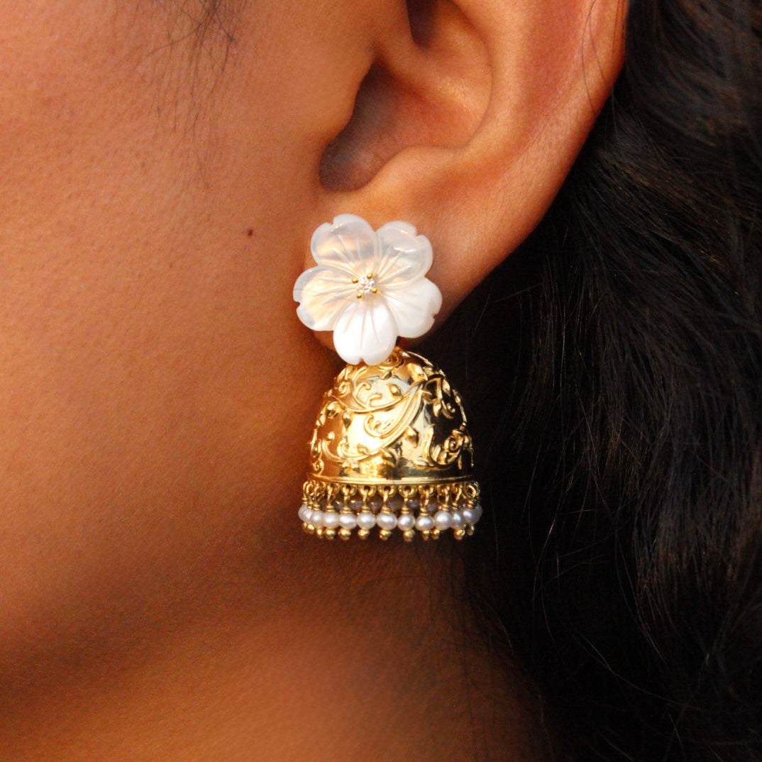 Mother of Pearl Gold Sakura Jhumka with Moissanite and Freshwater Pearls