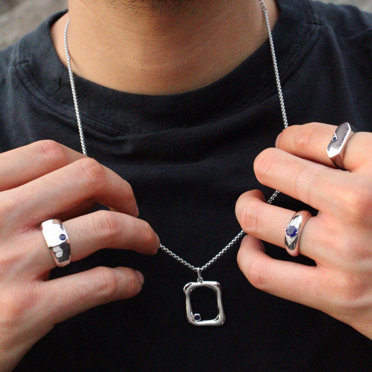 Sapphire Unisex Necklace and Rings set on 925 Sterling Silver