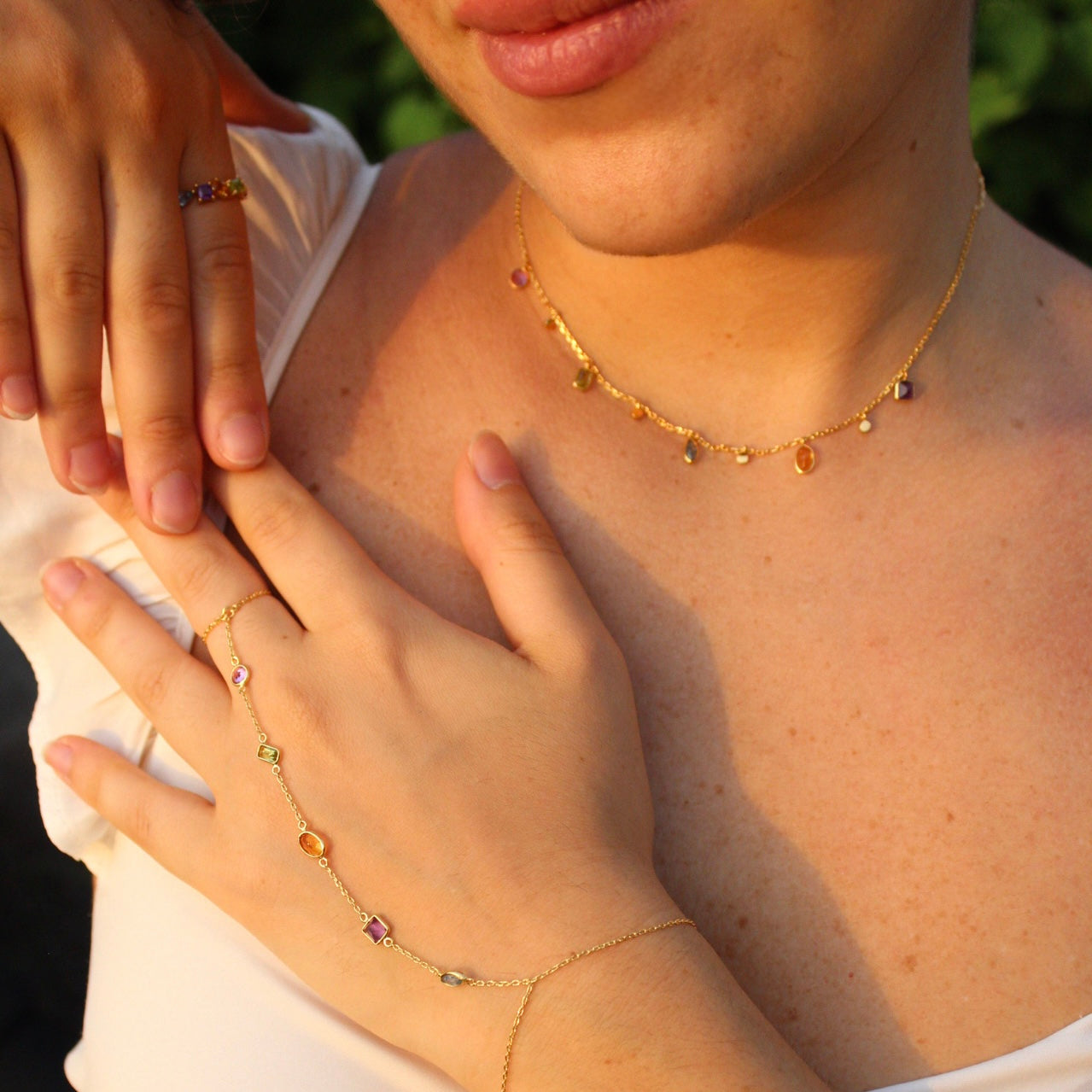 Colorful Gemstones on Gold Handchain, Necklace, Ring set on 925 Sterling Silver
