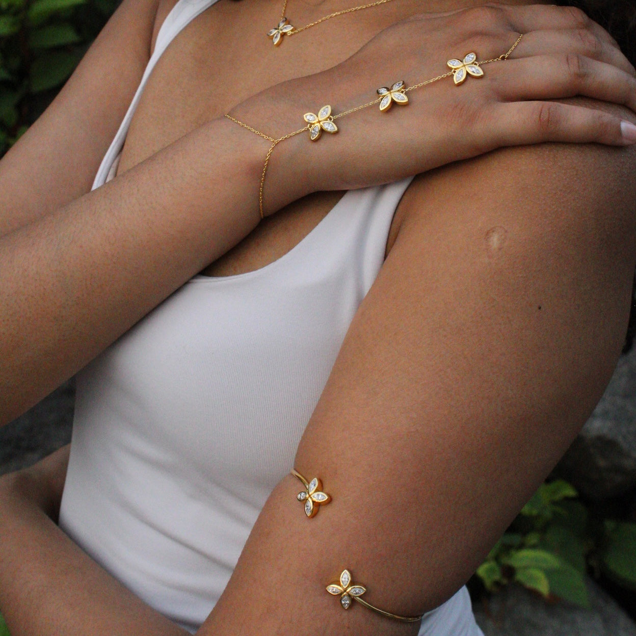 Moissanite Gold Flower Arm Bracelet, Handchain, Necklace Set on 925 Sterling Silver 