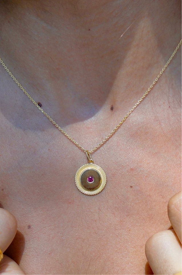 Gold Ruby Round Pendant Necklace