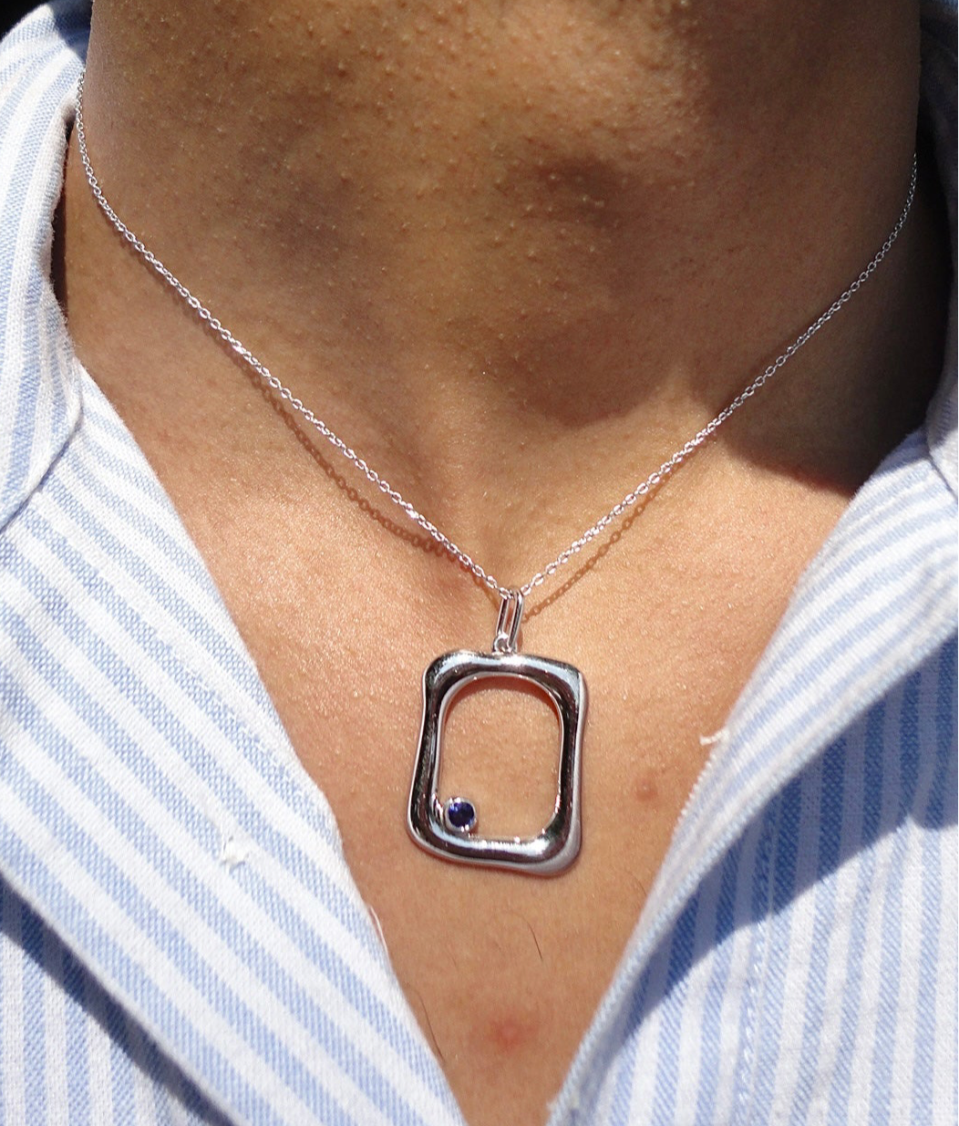 Blue Sapphire Asymmetrical Silver Wavy Pendant Necklace