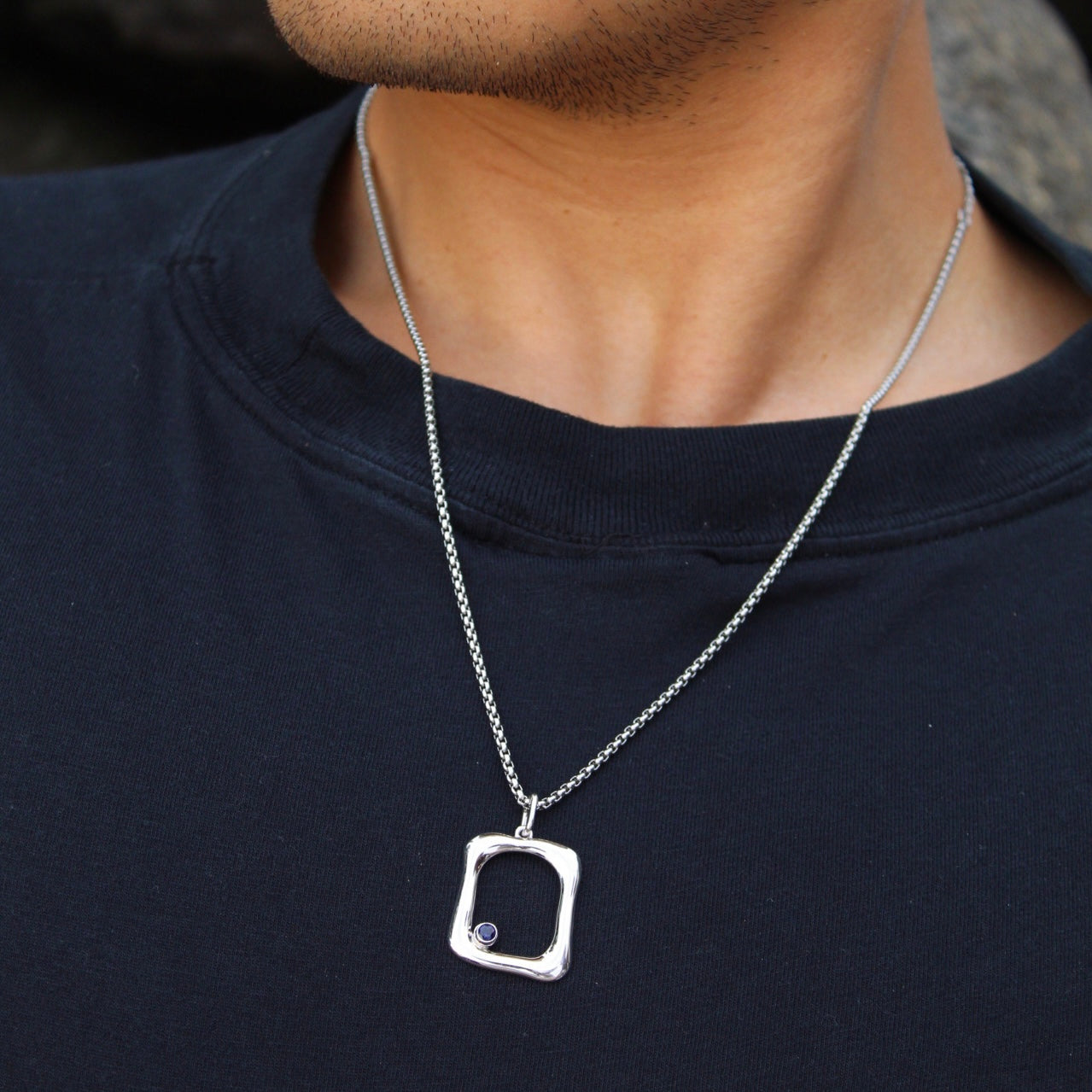 Blue Sapphire Silver Asymmetrical Wavy Pendant - second image